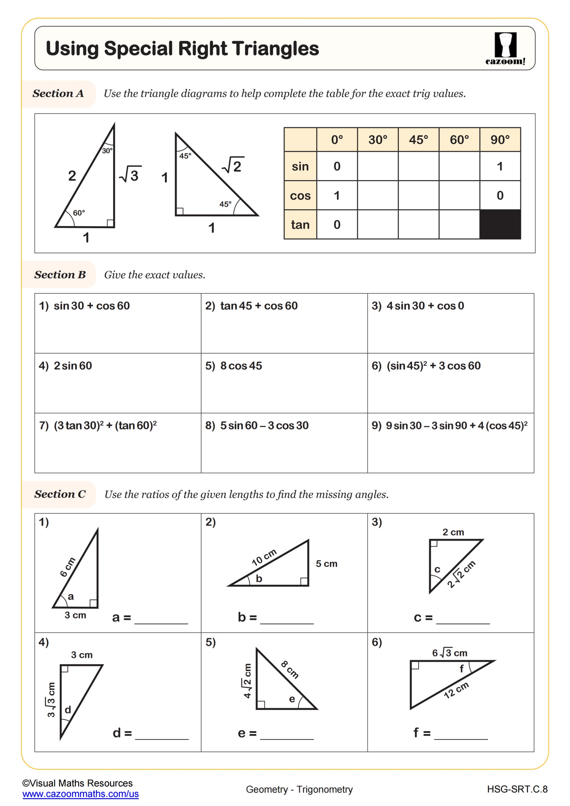 Using Special Right Triangles Worksheet PDF Printable Geometry Worksheet Cazoom Math Using Special Right Triangles Worksheet PDF Printable Geometry Worksheet Cazoom Math