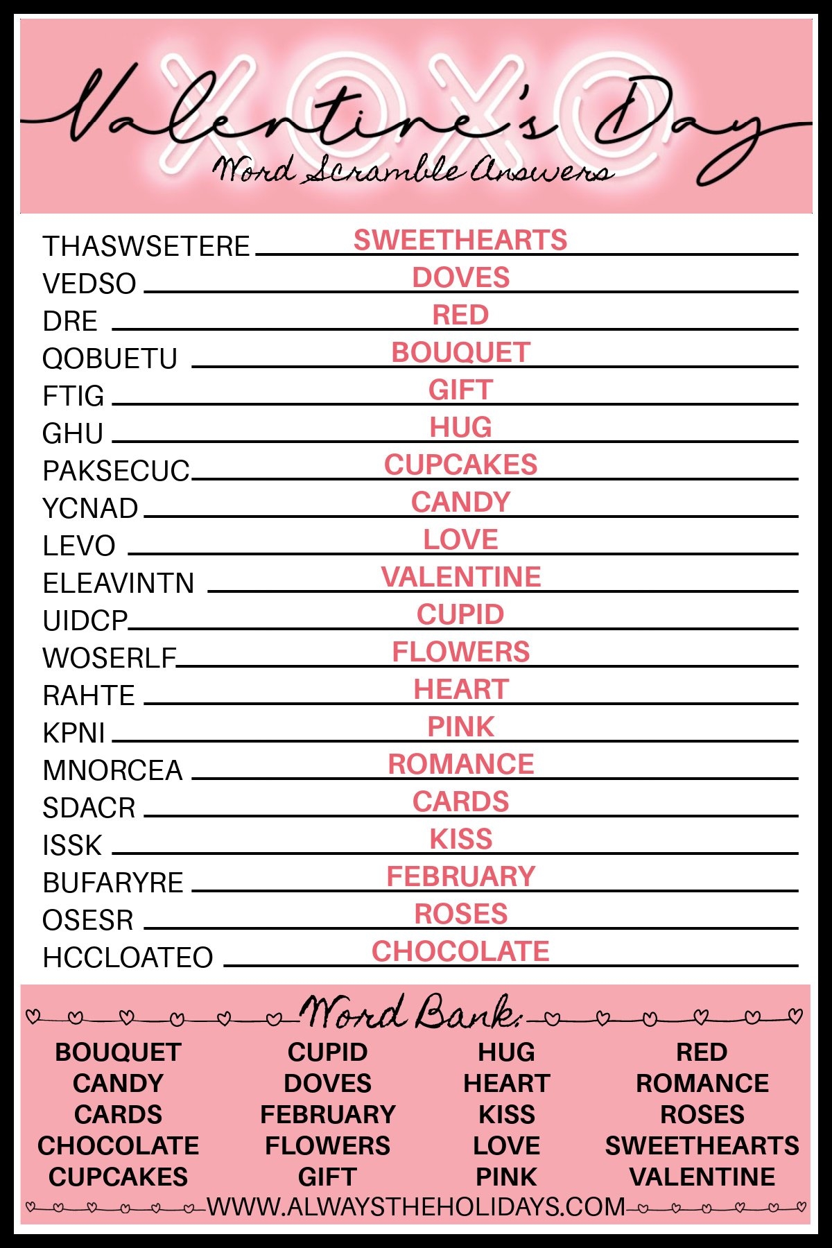 Valentine s Day Word Scramble With Answers Valentine s Printable Valentine s Day Word Scramble With Answers Valentine s Printable