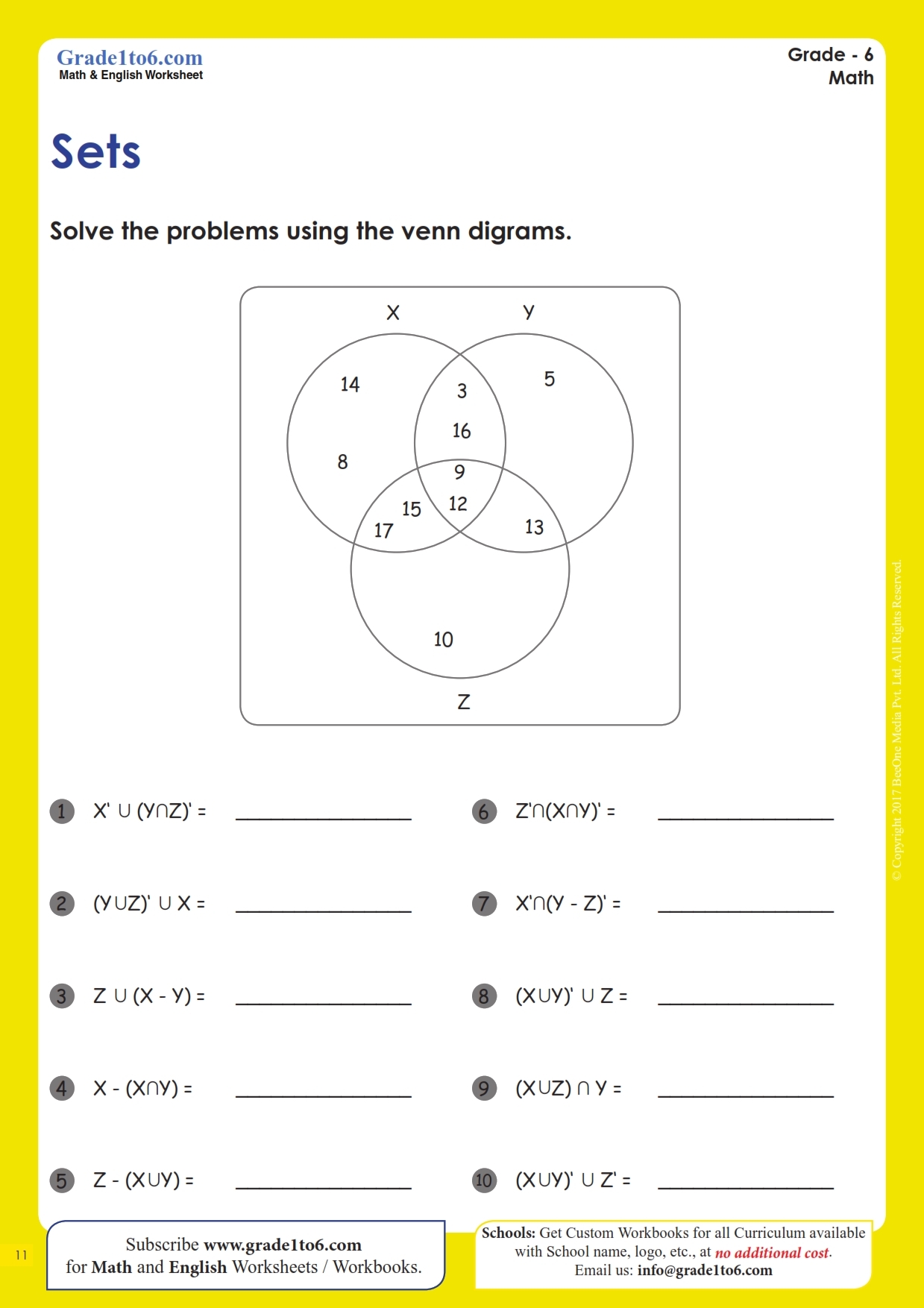 Venn Diagram Worksheets 3 Sets Grade1to6 Venn Diagram Worksheets 3 Sets Grade1to6