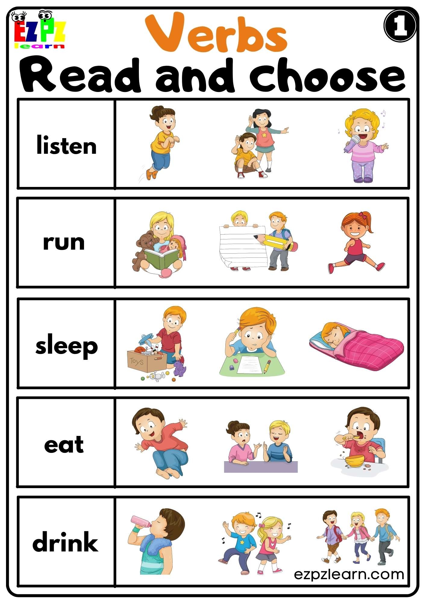 Verbs Read And Choose Worksheet For ESL And Home Schooling Kindergarten Set 1 Free PDF Download Ezpzlearn