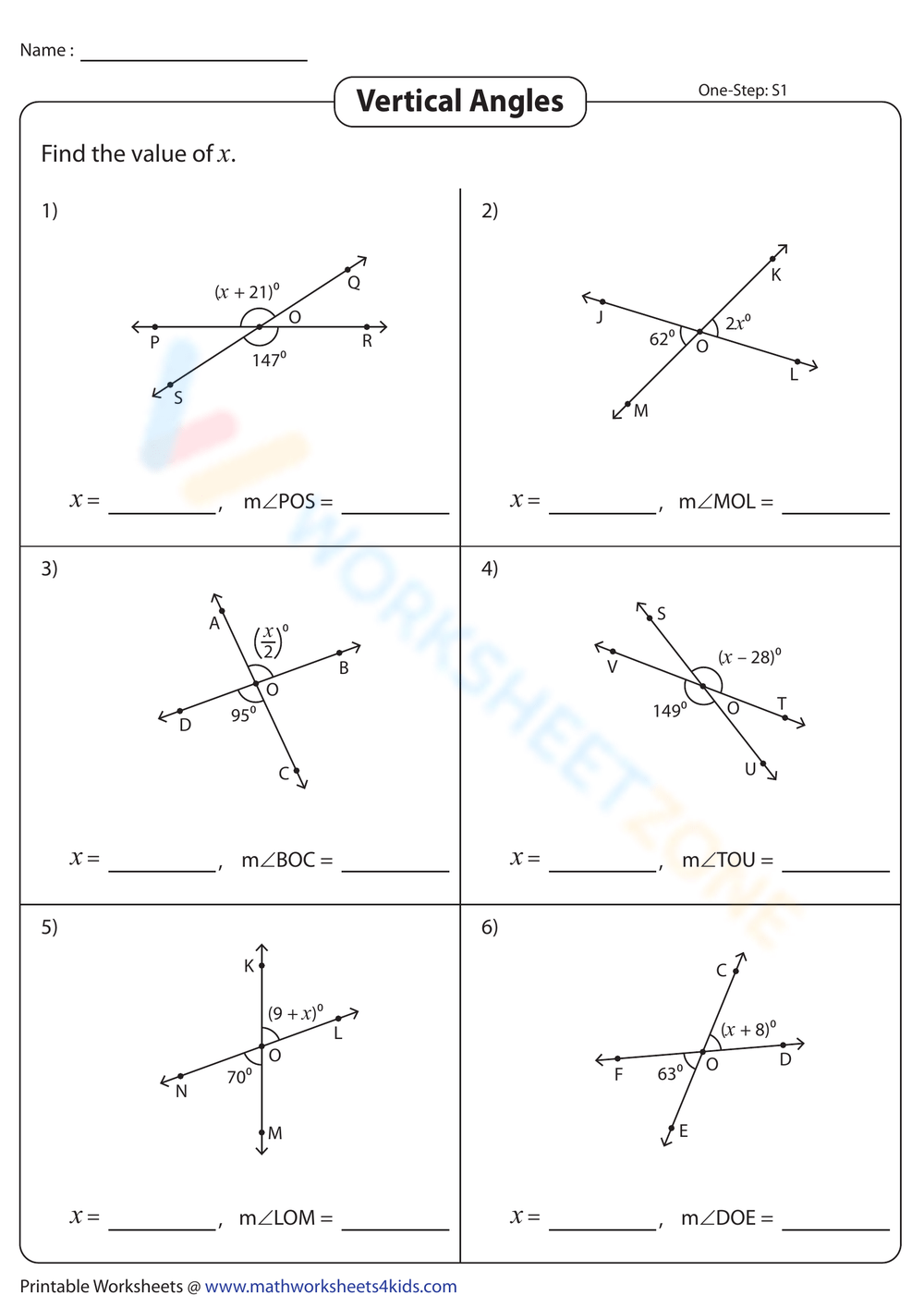 Vertical Angles Worksheets Printable