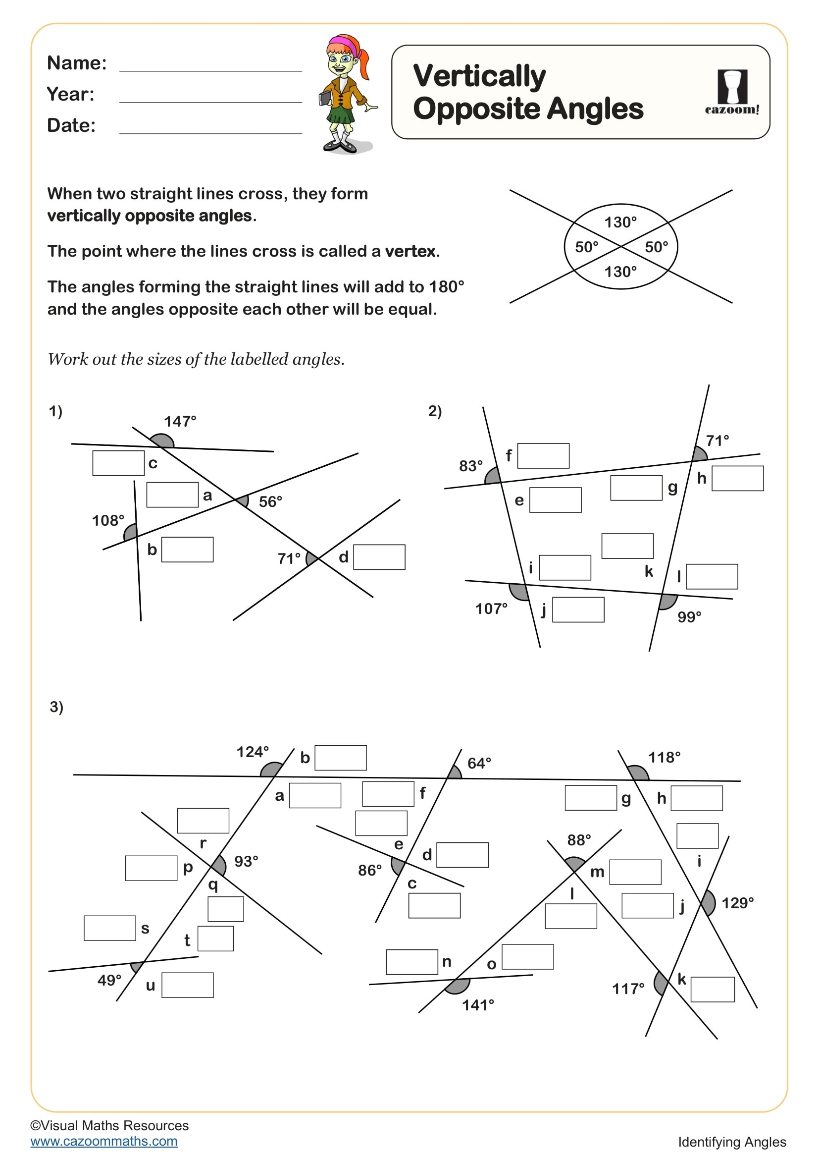 Vertically Opposite Angles Worksheet Printable PDF Year 6 Geometry Worksheet