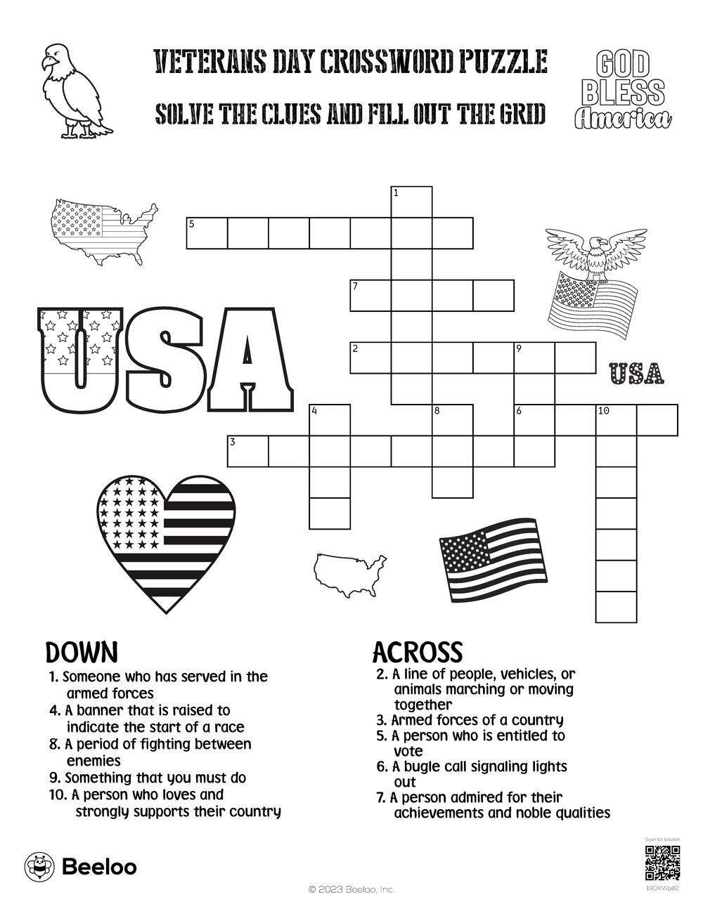 Veterans Day themed Crossword Puzzles Beeloo Printable Crafts And Activities For Kids