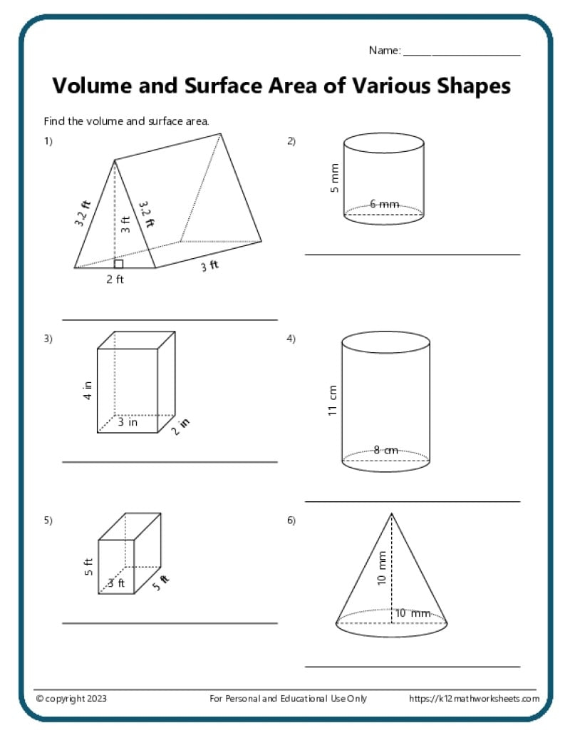 Volume And Surface Area Of Various Shapes K12 Math Worksheets Volume And Surface Area Of Various Shapes K12 Math Worksheets