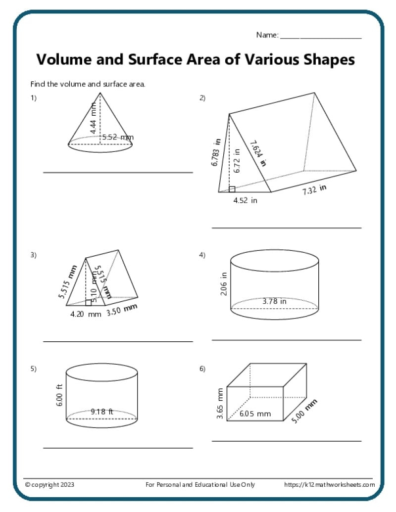 Volume And Surface Area Of Various Shapes K12 Math Worksheets Volume And Surface Area Of Various Shapes K12 Math Worksheets