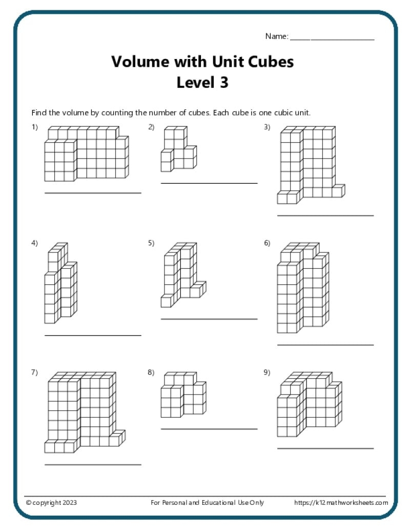 Volume With Unit Cubes K12 Math Worksheets