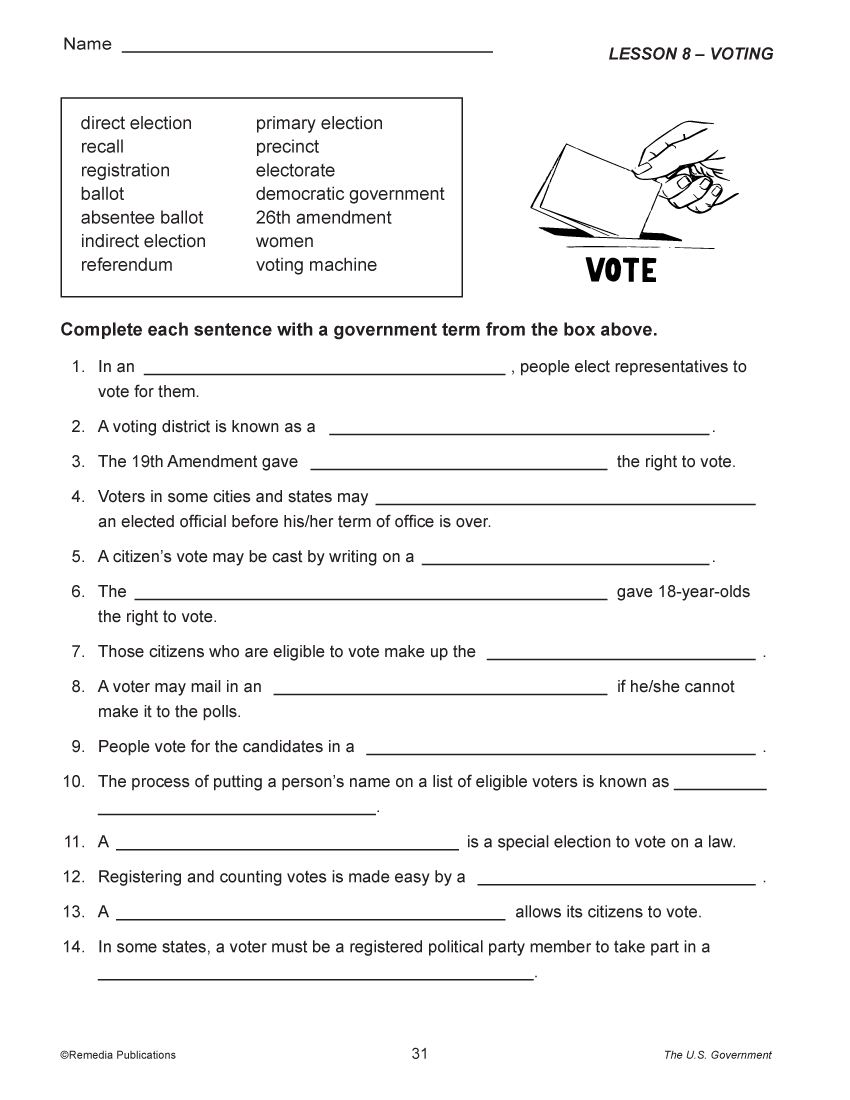 Voting Vocabulary Election Ballot Electoral College Recall Activities Classful