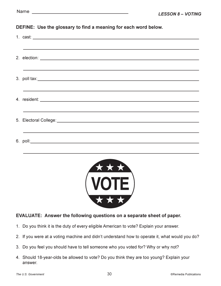 Voting Vocabulary Election Ballot Electoral College Recall Activities Classful