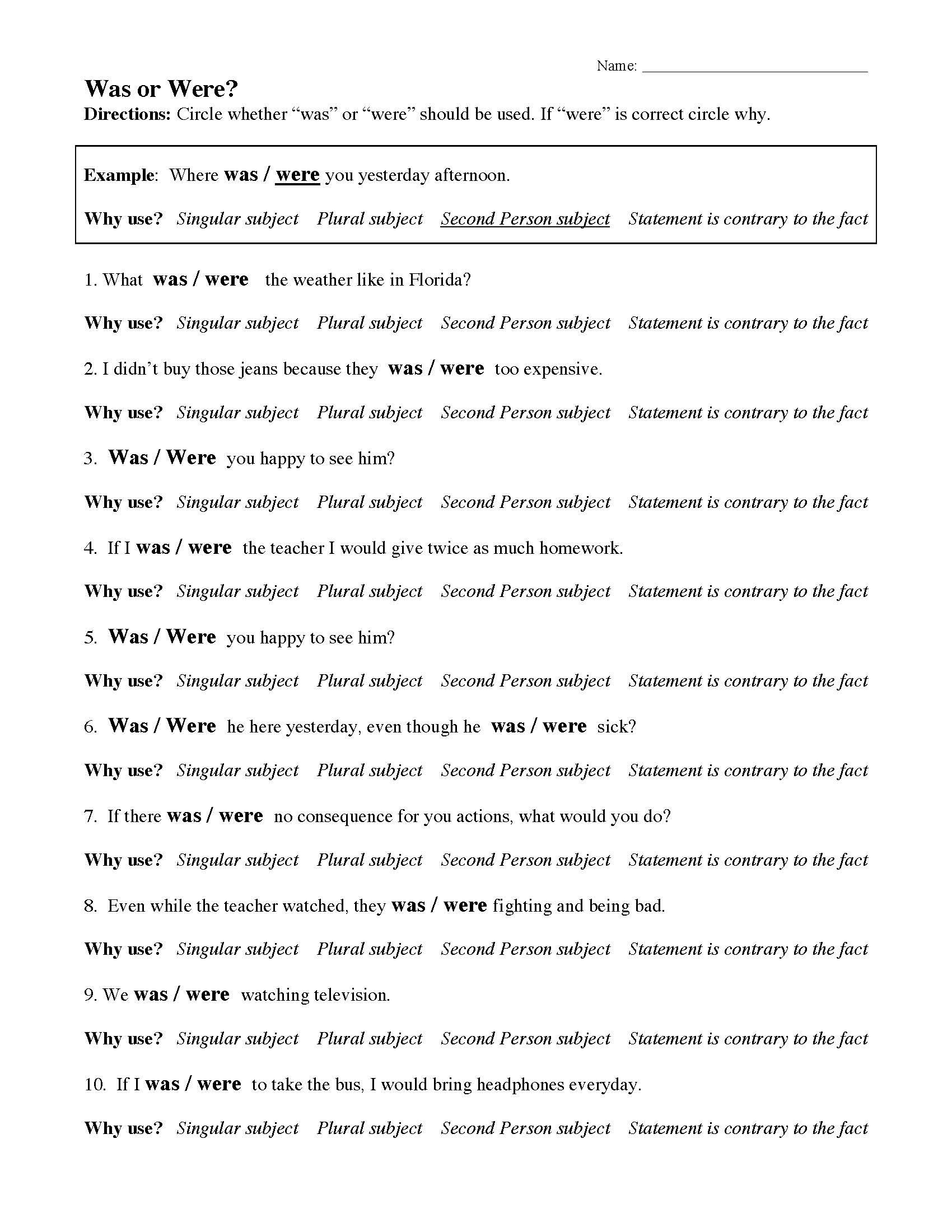 Was Or Were Worksheet 1 Grammar Activity