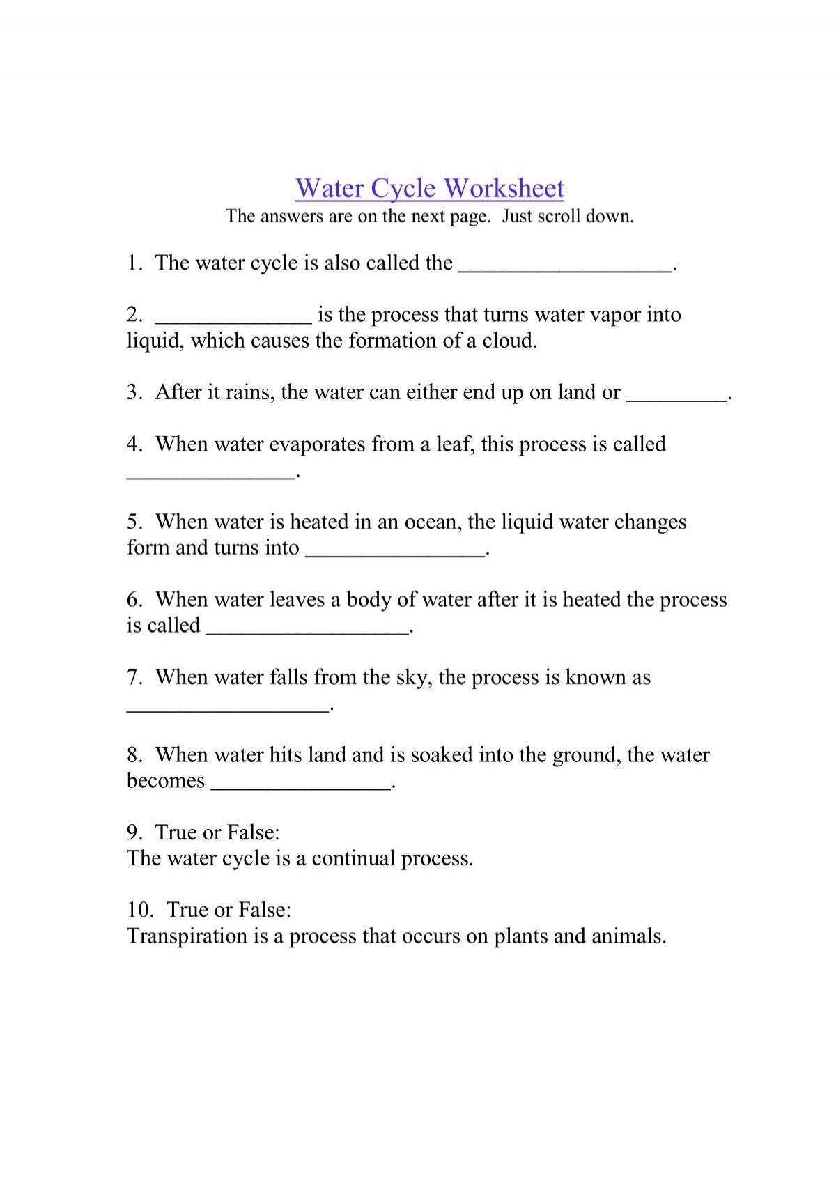 water cycle worksheet answers