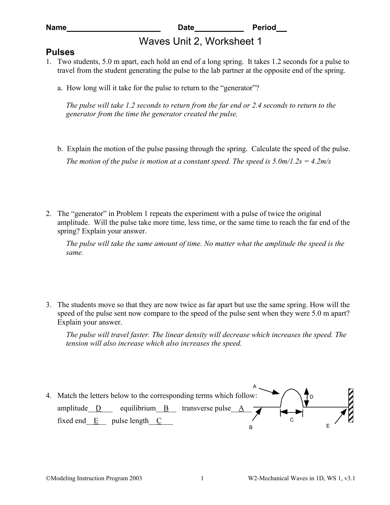 Wave Pulses Worksheet Physics Problems Solutions