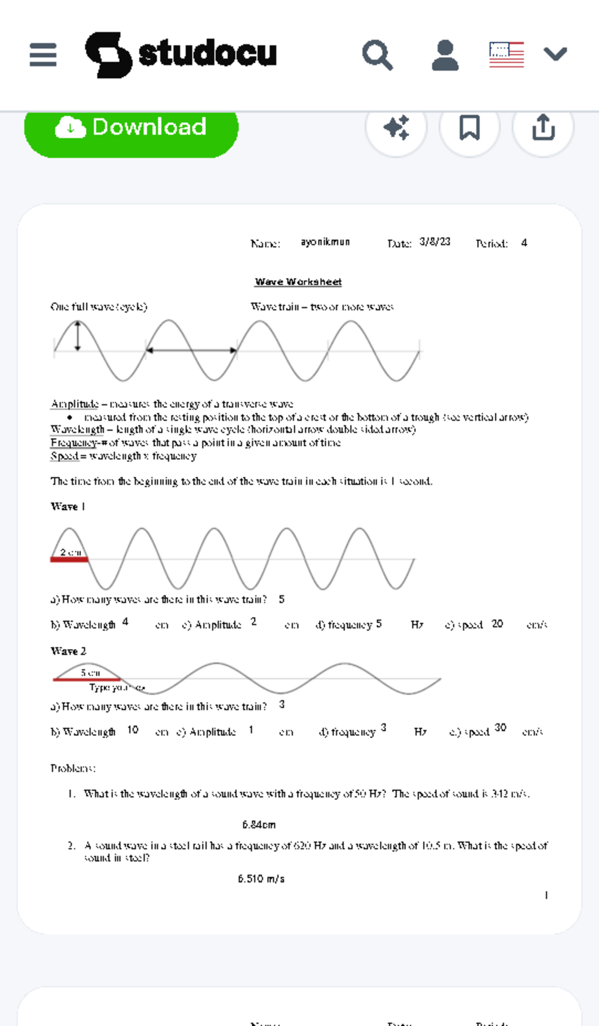 wave worksheet answer key page 2 wave worksheet answer key page 2