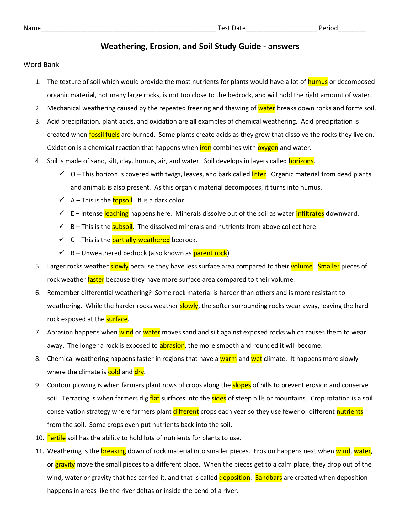 Weathering Erosion And Soil Study Guide With Answers Weathering Erosion And Soil Study Guide With Answers