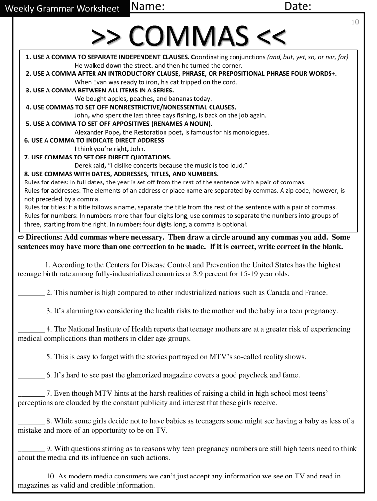 comma worksheet pdf with answers