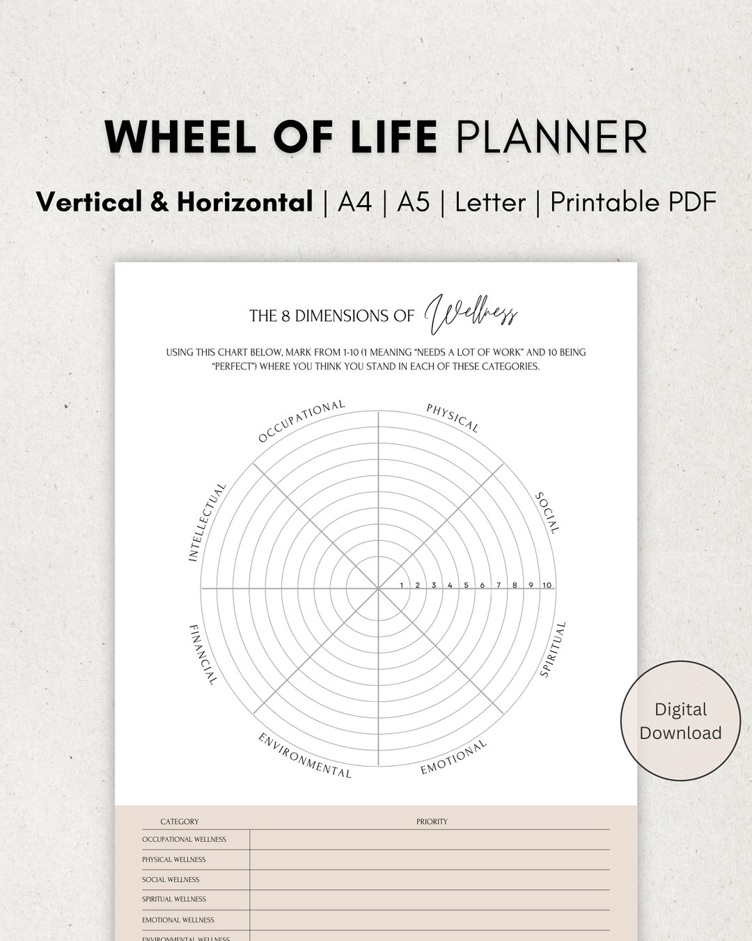 Wheel Of Life Printable Planner 8 Dimensions Of Wellness PDF Etsy