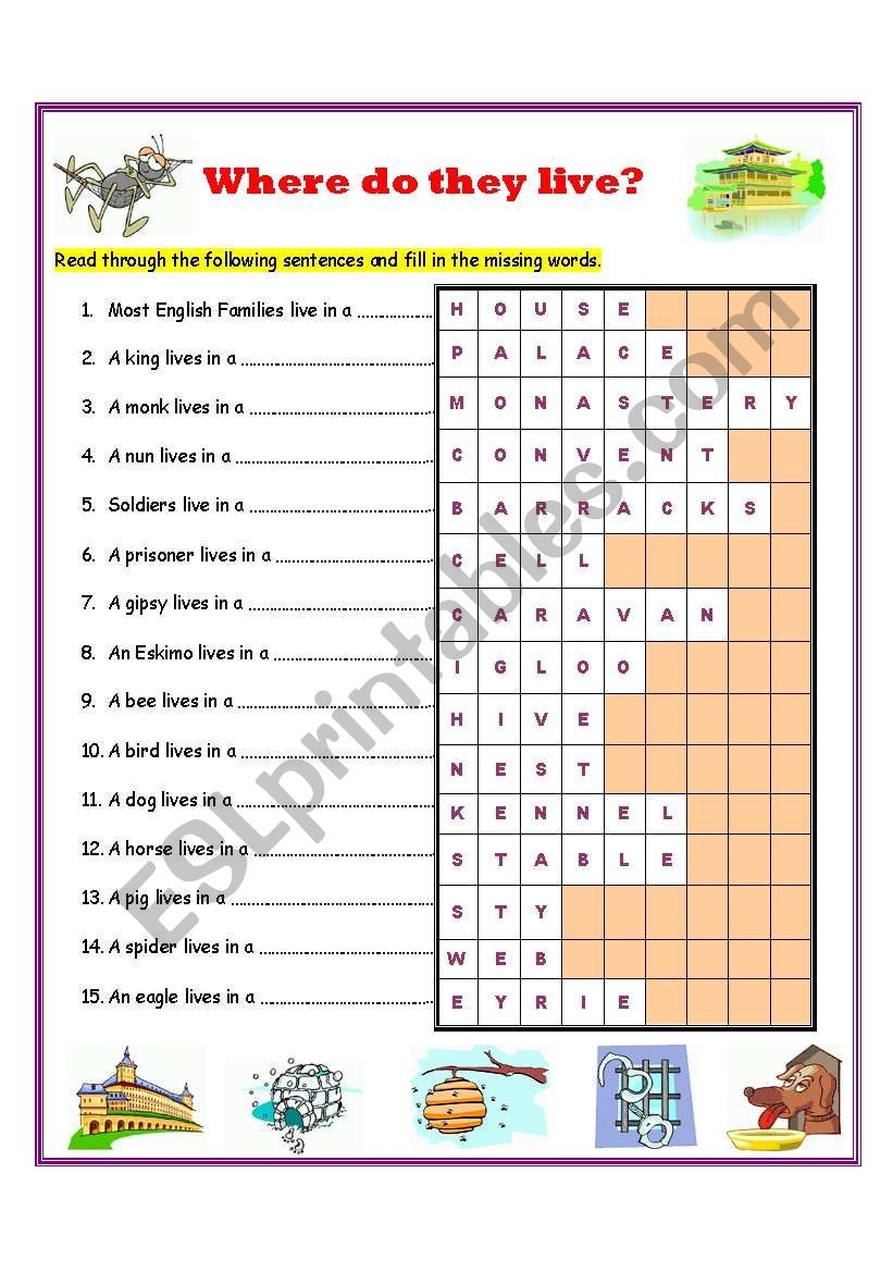 Where Do They Live Answer Key ESL Worksheet By Zhlebor