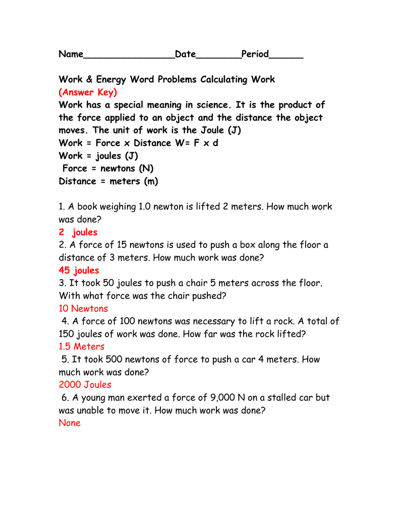 Work Energy Word Problems Worksheet Answer Key 