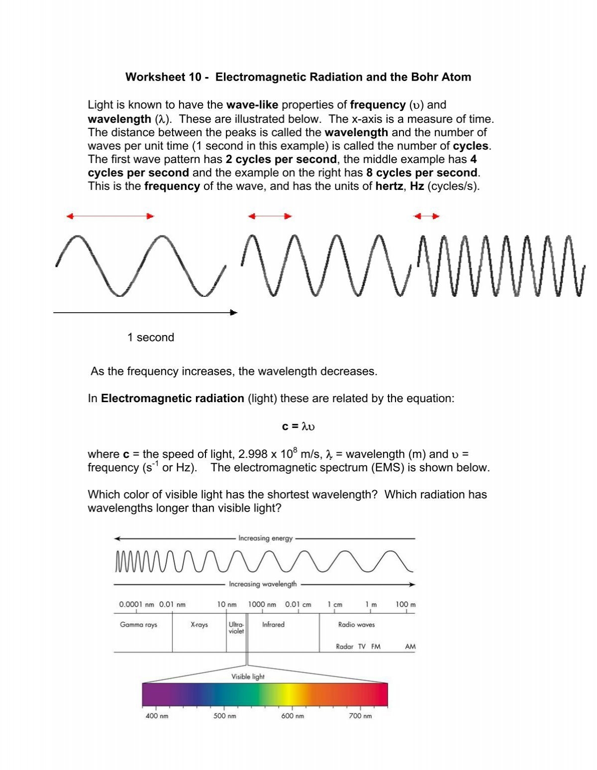 Worksheet 10 Electromagnetic Radiation And The Bohr Atom Light Worksheet 10 Electromagnetic Radiation And The Bohr Atom Light