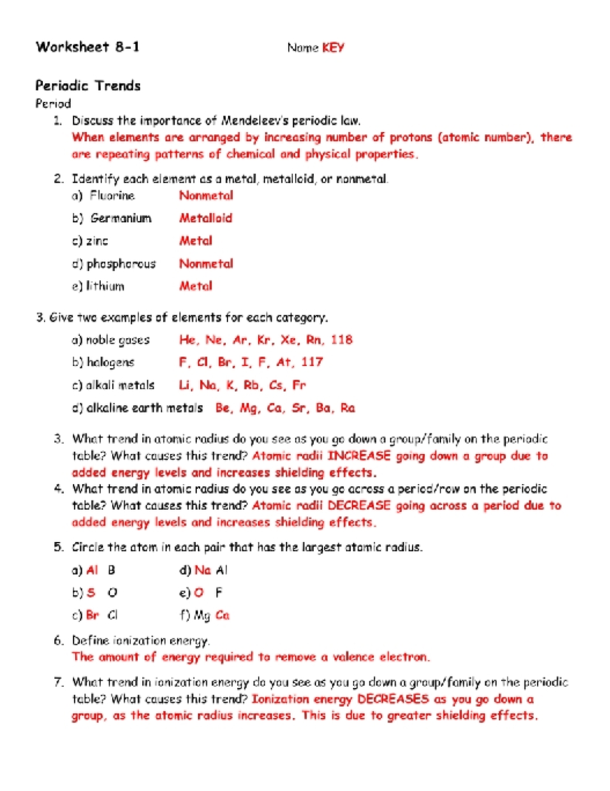 periodic trends worksheet with answer key