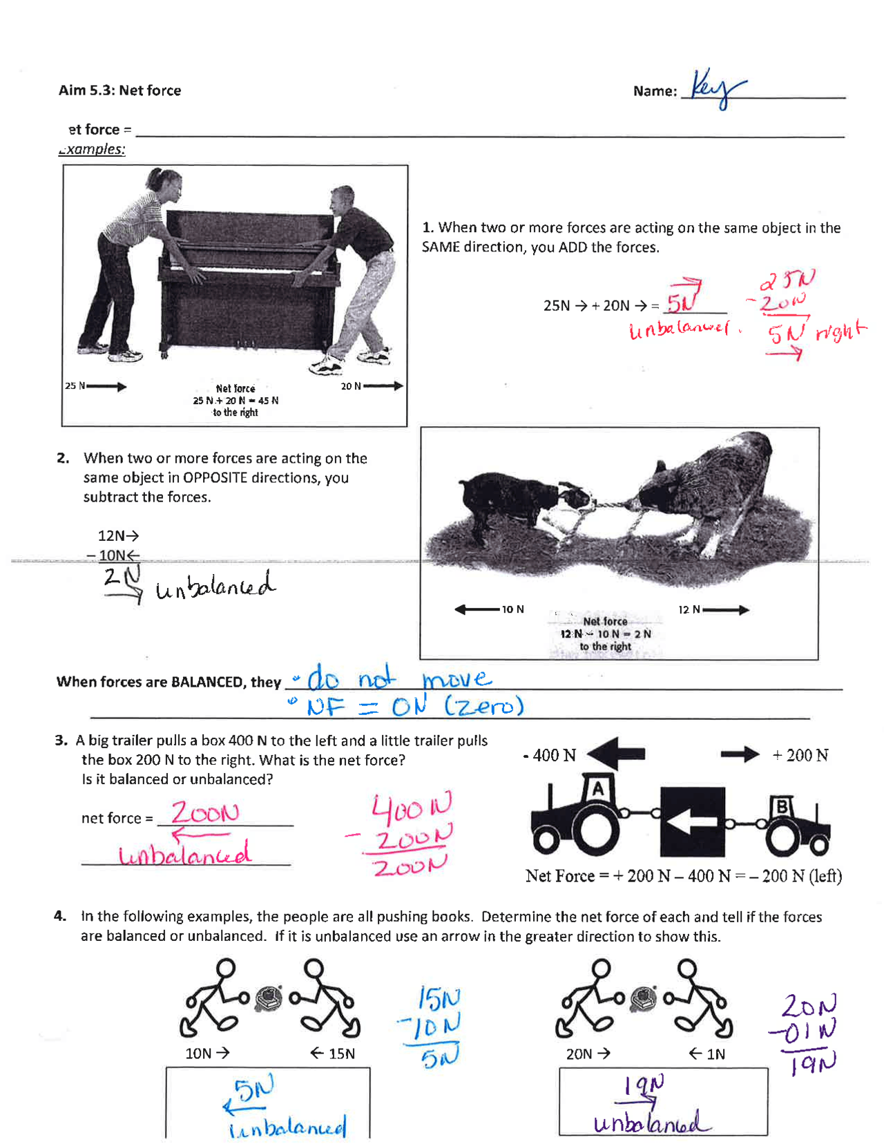 Worksheet Answer Key For Net Force Physics Exercises Physics Fundamentals Docsity