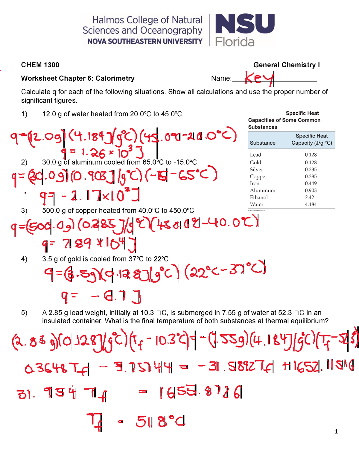 Worksheet Chapter 6 Calorimetry Key CHEM 1300 General Chemistry Worksheets Library