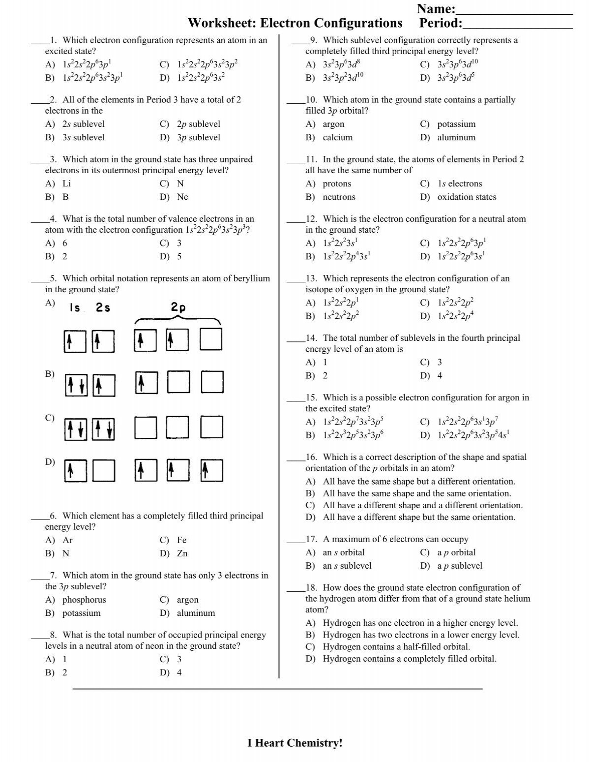 electron configuration worksheet answers