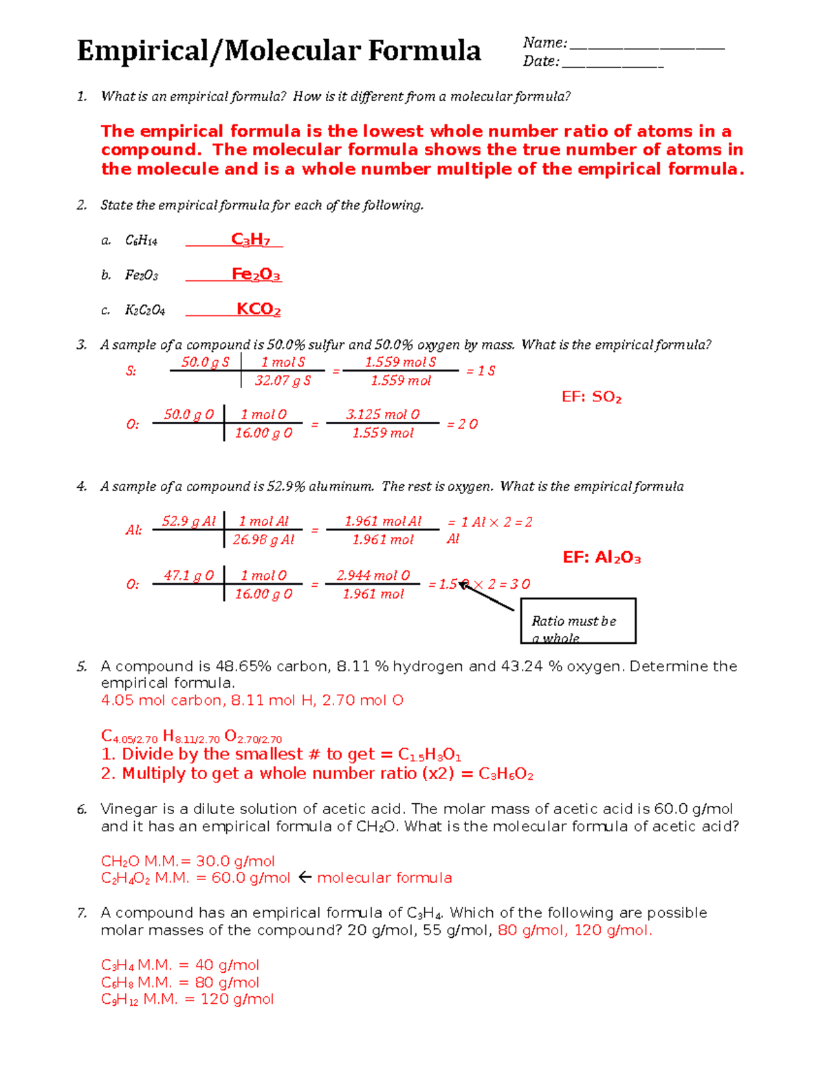 Worksheet Empirical Molecular Formula Problems PH202 Studocu