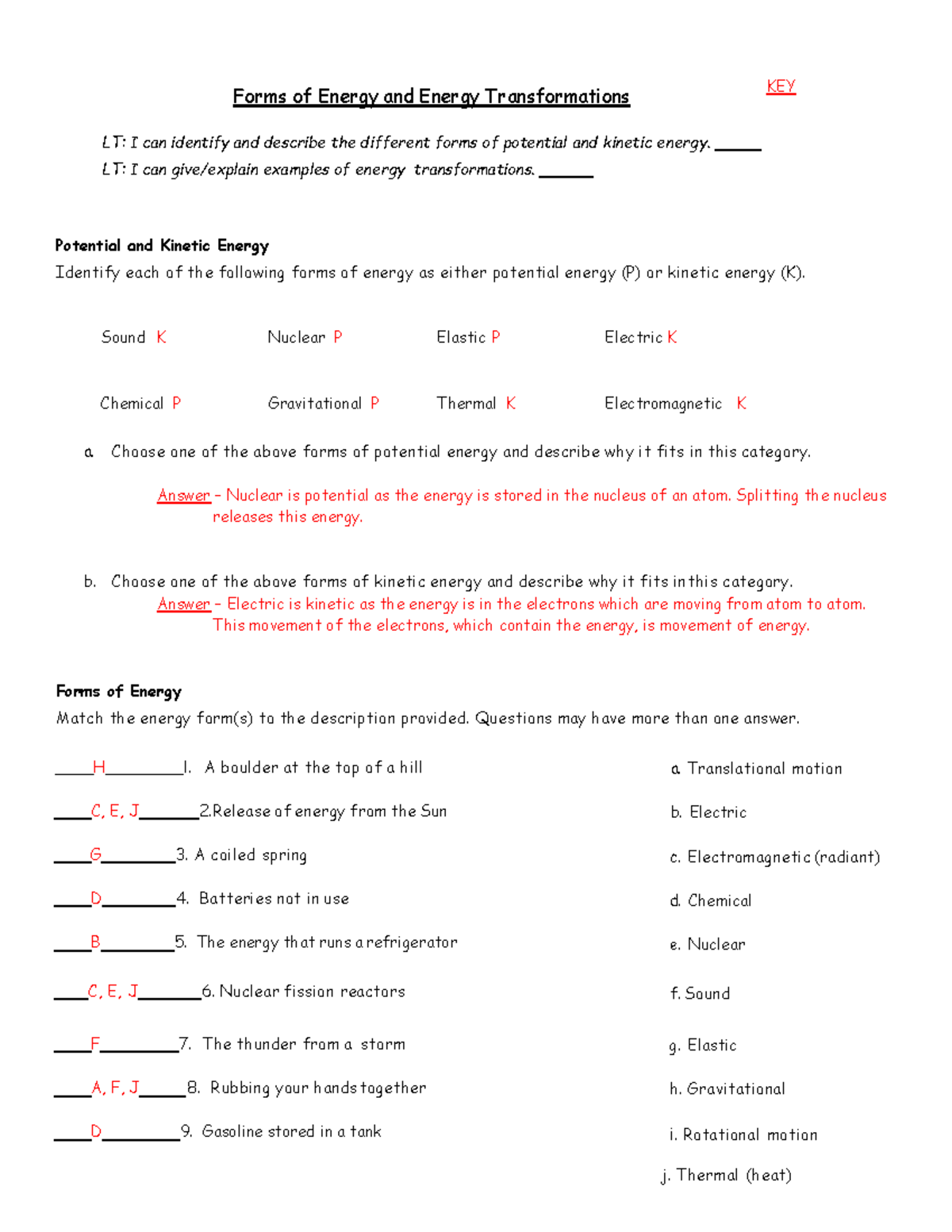 Worksheet Forms Of Energy Transformations Answers Studocu