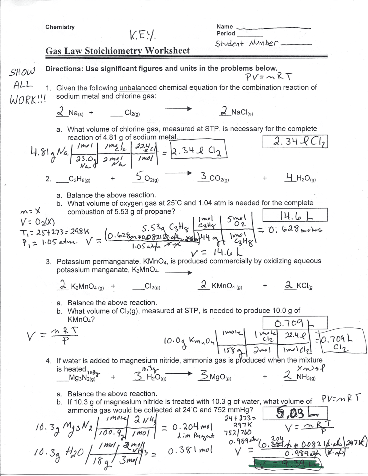 Worksheet Gas Law Stoichiometry Answer Key Exercises Chemistry Docsity