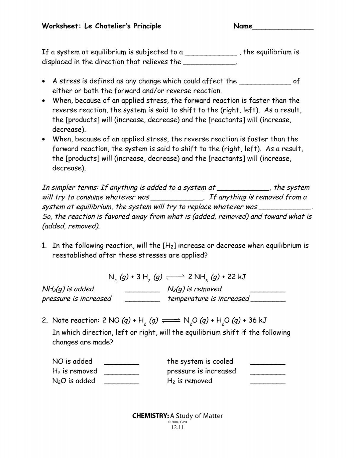 le chatelier's principle worksheet answers
