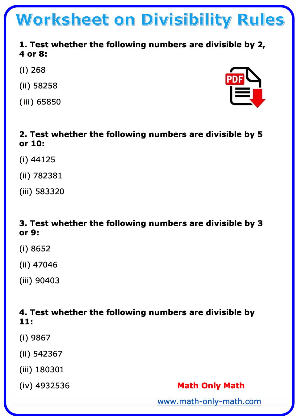 Worksheet On Divisibility Rules Questions On Test Of Divisibility