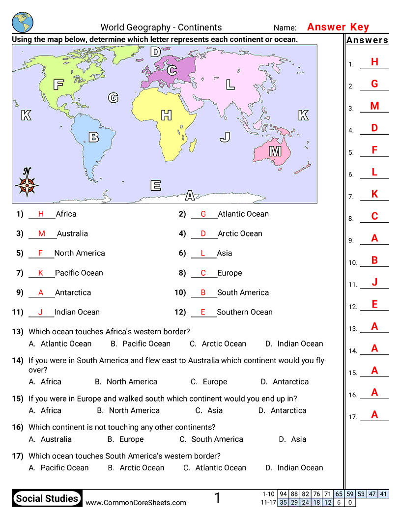 World Geography Continents Worksheet Download