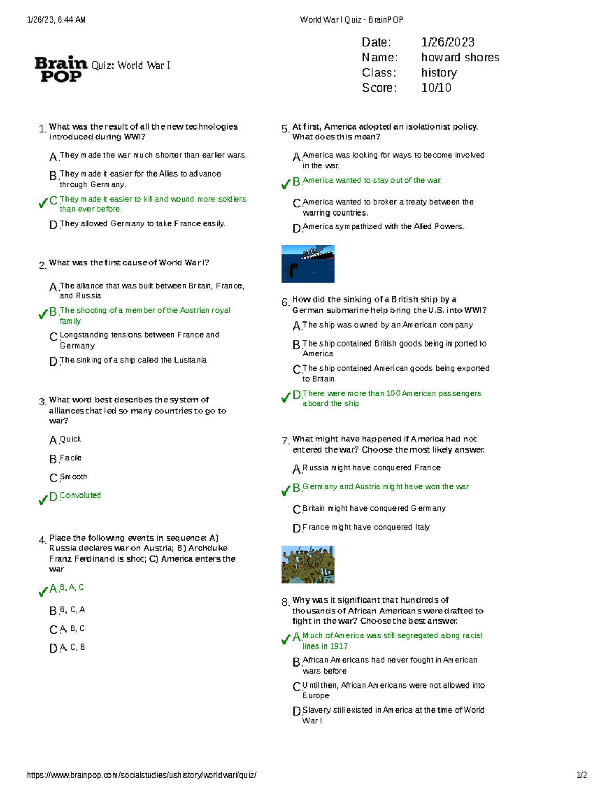 World War I Quiz BrainPOP Review And Answers Studocu