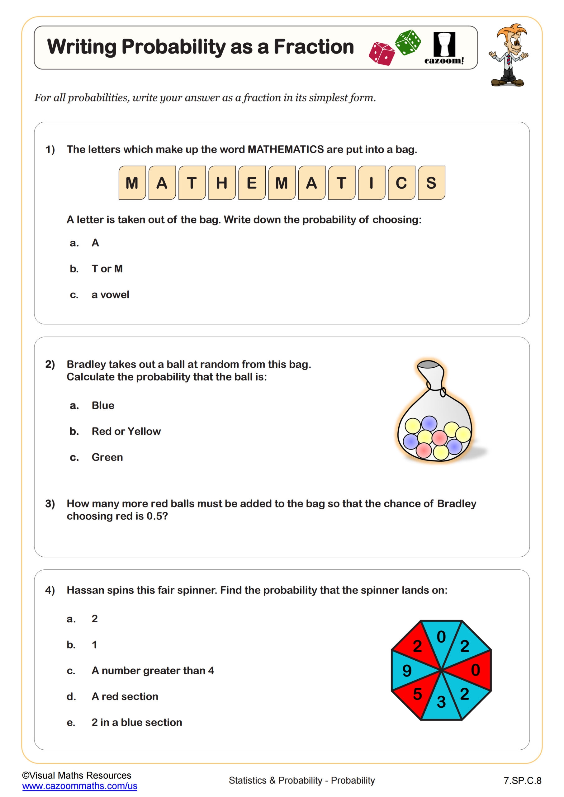 Writing Probability As A Fraction Worksheet PDF Printable Statistics Probability Worksheet Cazoom Math