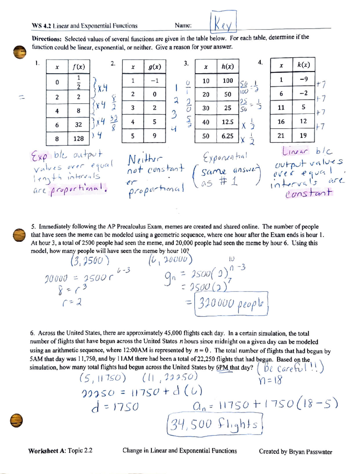 WS 4 2 Answers Changes In Linear Exponential Functions Studocu