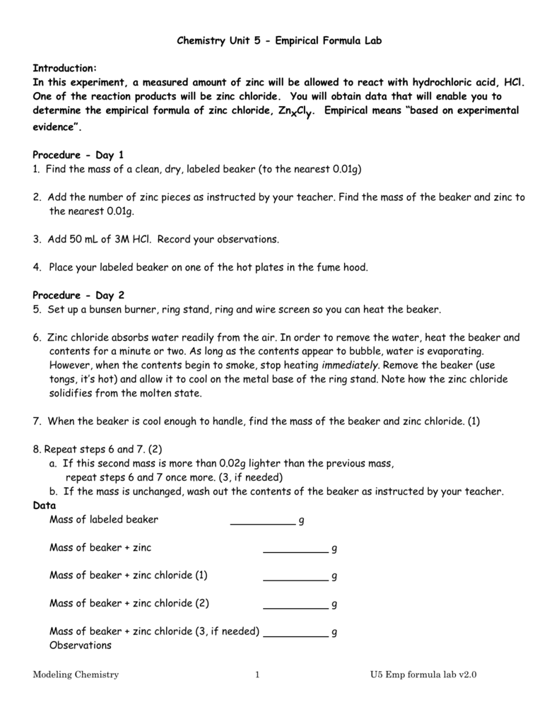 Zinc Chloride Empirical Formula Lab Chemistry Experiment